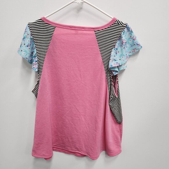 Emerald Womens BOHO Top Size 1X Pink Striped Flutter Sleeve Soft Knit Pullover - Picture 2 of 8